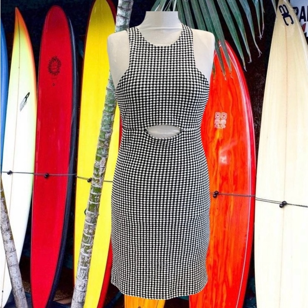 Volcom Coco Ho Bodycon Dress Black White Sleeveless cutout Sz S New Stretch